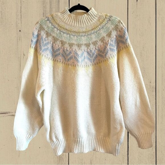 Vintage pastel fair isle knit wool mockneck sweater - Picture 1 of 8